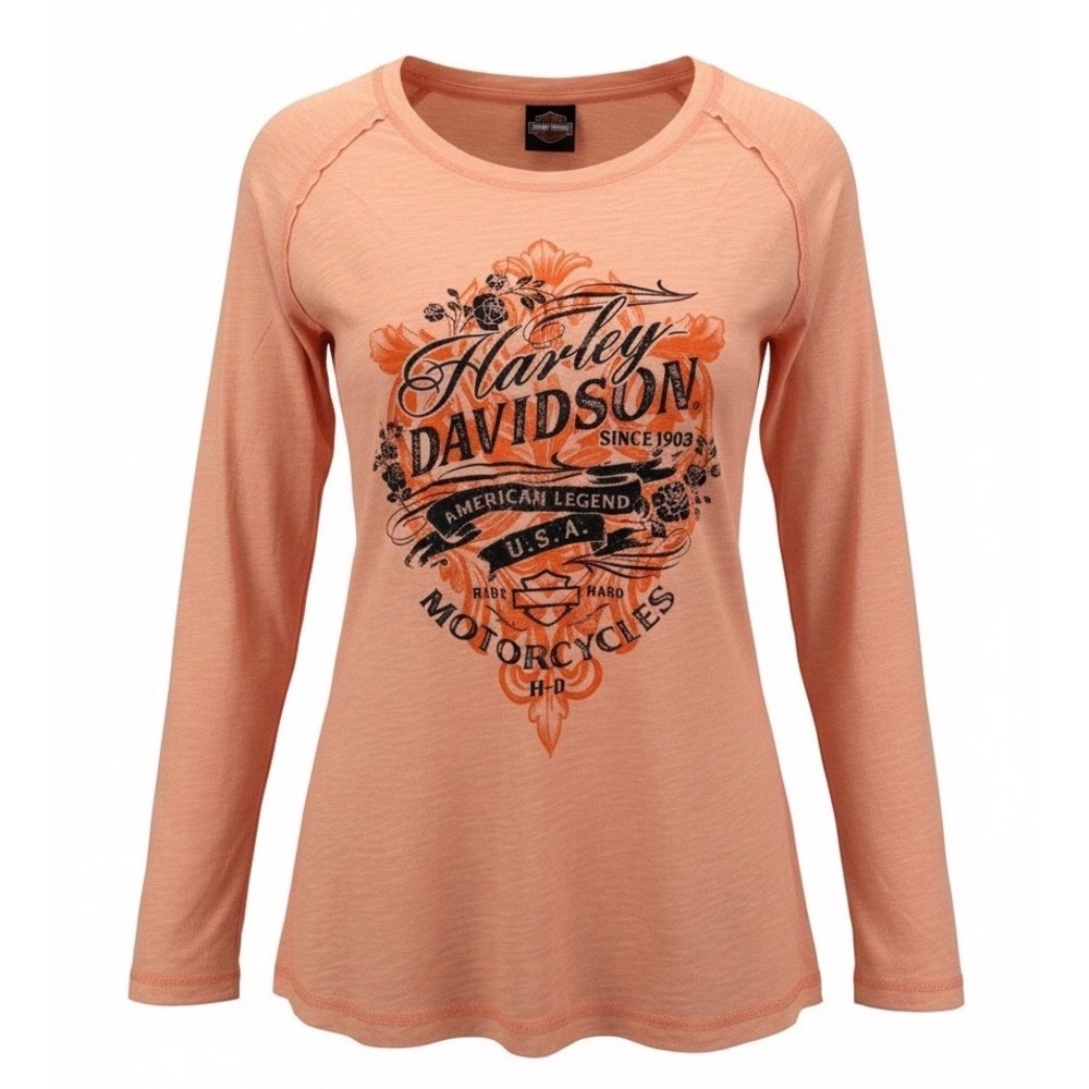 Harley-Davidson Womens Long Sleeve Tee Coral Orange Stinger OH M Burnout